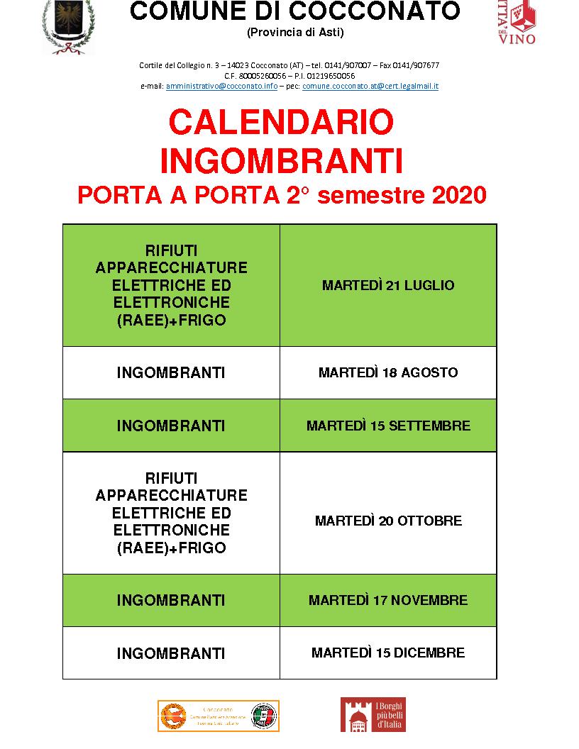 CALENDARIO RITIRO INGOMBRANTI - 2°SEMESTRE 2020 